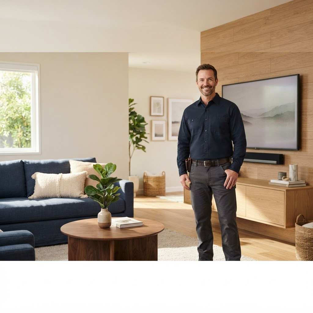 Handy professional helping care for a bright modern home